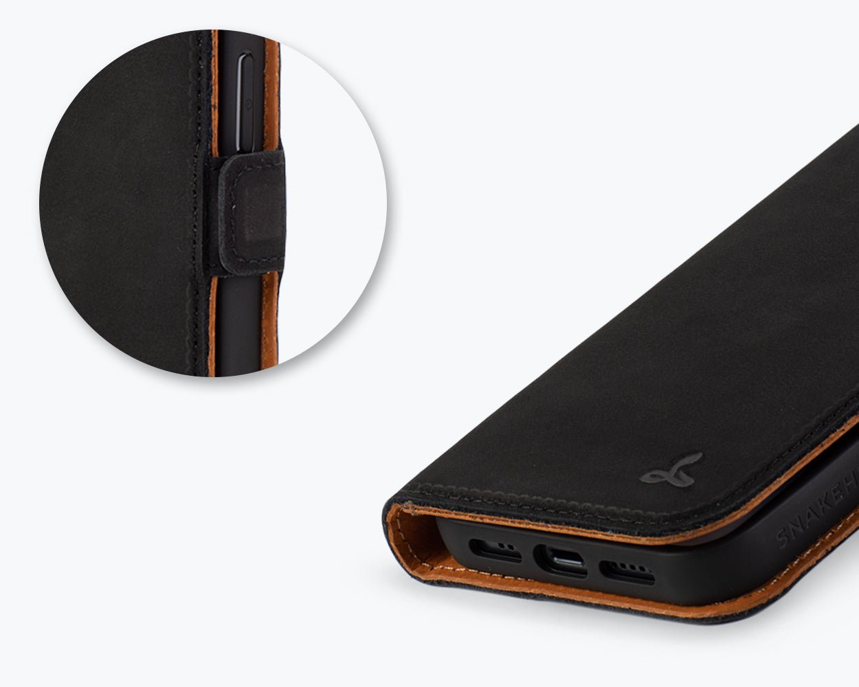 Apple iPhone 15 - Vintage Leather Wallet (Side Clasp) Black Apple iPhone 15 - Snakehive UK