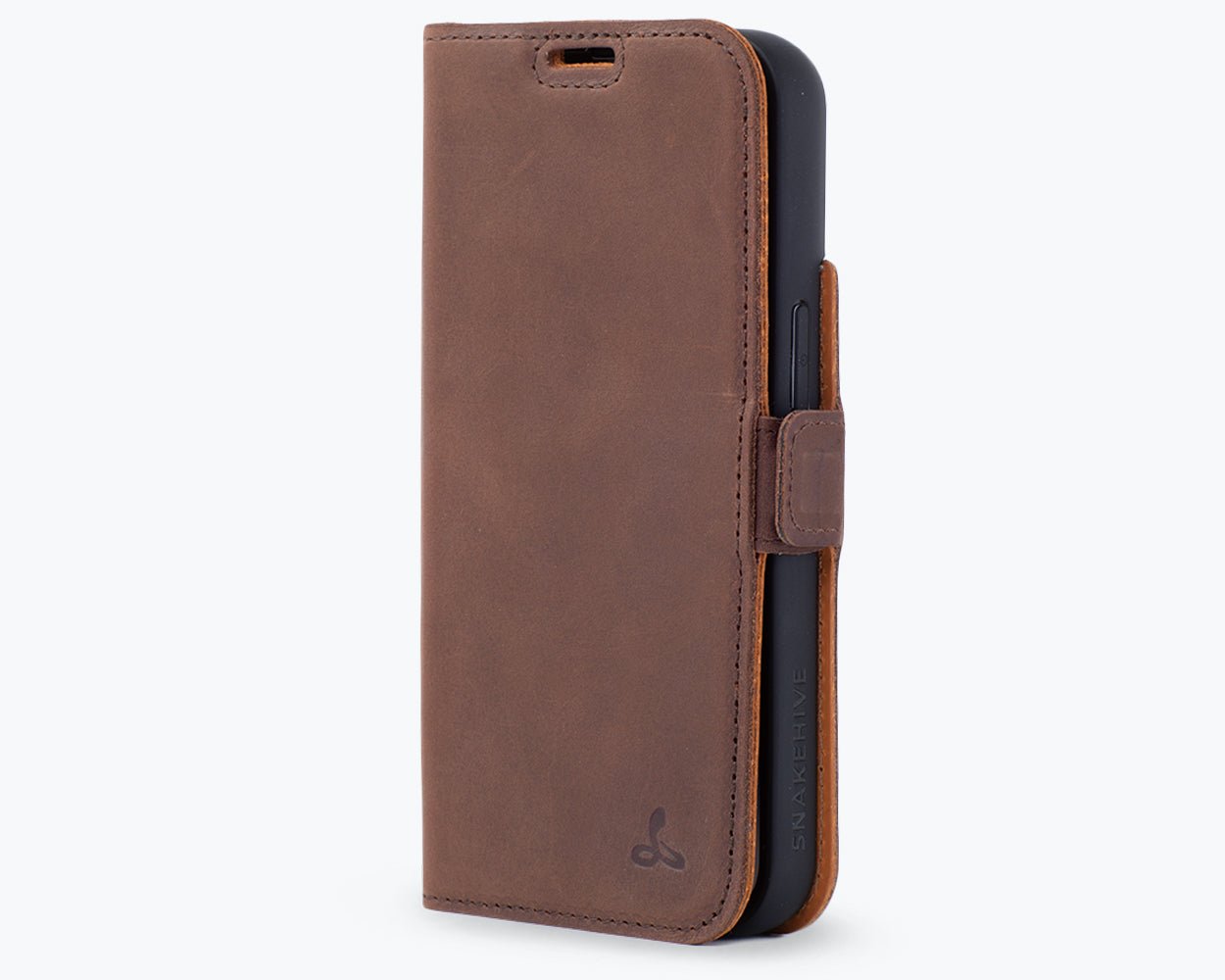 Apple iPhone 14 - Vintage Leather Wallet (Side Clasp) Chestnut Brown Apple iPhone 14 - Snakehive UK