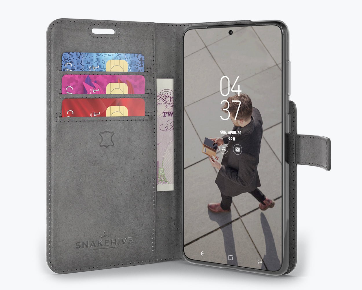 Samsung Galaxy S21 - Vintage Leather Wallet Grey Samsung Galaxy S21 - Snakehive UK